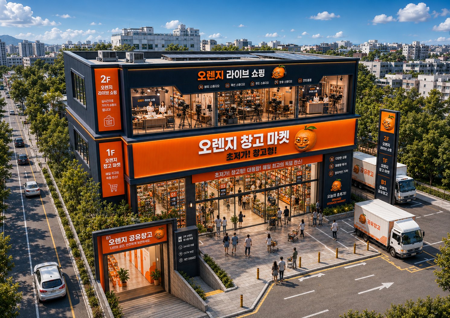 HMK홀딩스그룹 3in1 통합모델 조감도 — 2층 오렌지 라이브커머스, 1층 오렌지 창고마켓, 지하 오렌지 공유창고
